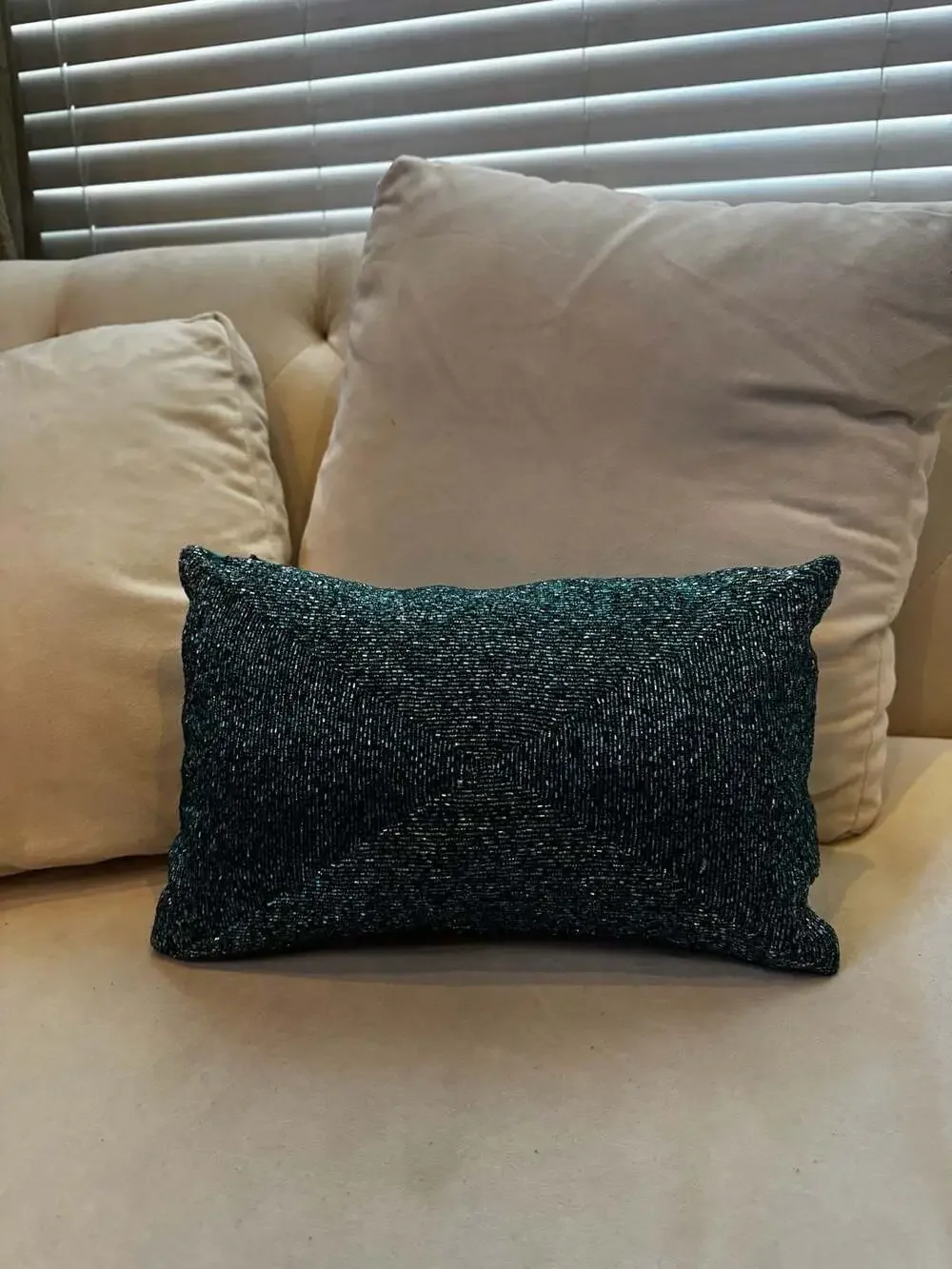 Teal Beaded Lumbar Accent Pillow 12x7 Geometric Seed Bead Design